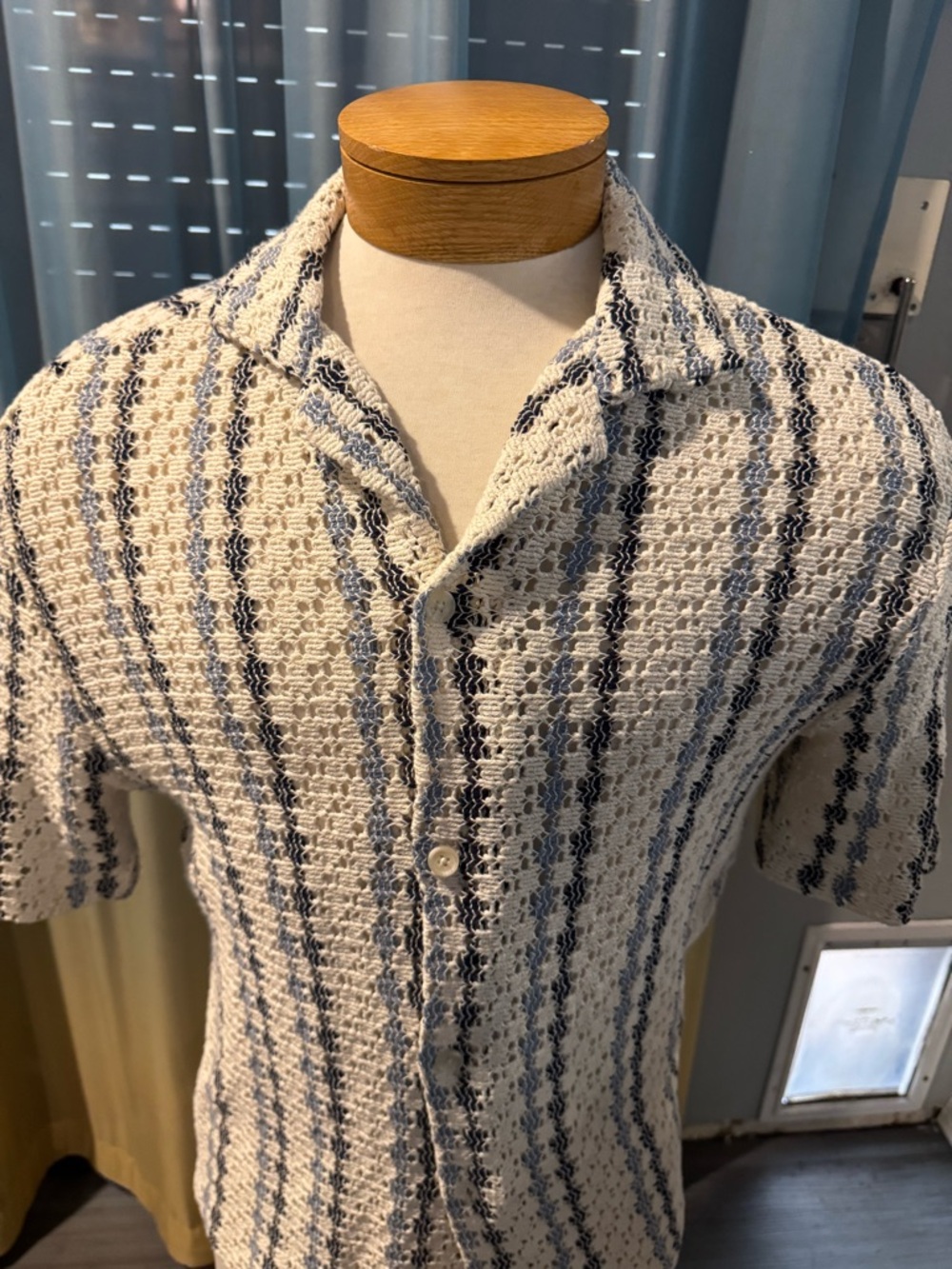 Zara White Short-Sleeve Button-Down Shirt with Navy Stripes